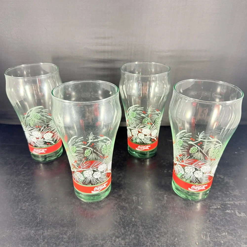 Vintage Coca-Cola Christmas Glasses Set of 4 Georgia Green Pinecone Holiday Logo
